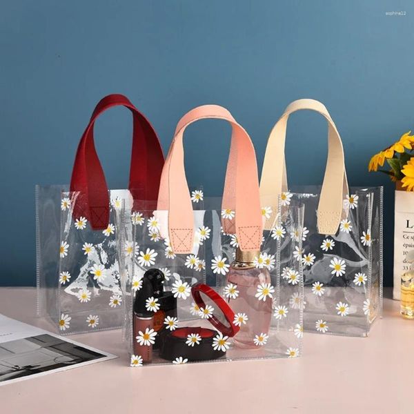 Borsa tote in PVC trasparente con confezione regalo, manico di grande capacità, borse per la spesa trasparenti a forma di piccola margherita