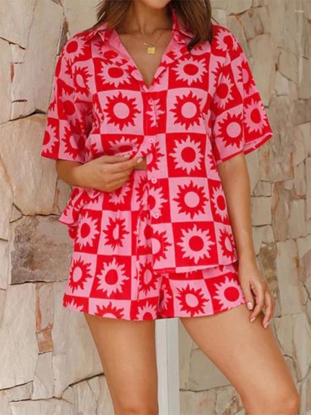 Home Abbigliamento Donna Set camicetta floreale 2 pezzi Camicia hawaiana e pantaloncini elastici in vita Completo da spiaggia estivo