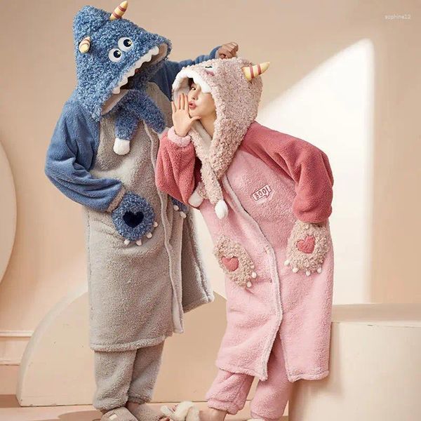 Casa roupas grosso quente flanela pijamas conjuntos para mulheres homens anime cosplay traje dos desenhos animados kigurumi inverno manga longa com capuz camisola terno