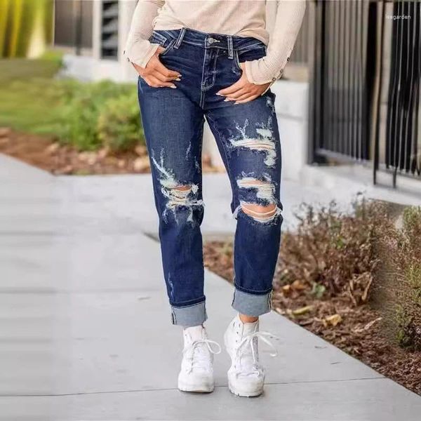 Женские джинсы, сексуальные рваные брюки со средней талией для женщин, винтажная одежда Y2k, модные прямые джинсовые брюки, уличная одежда, брюки в стиле хип-хоп с отверстиями
