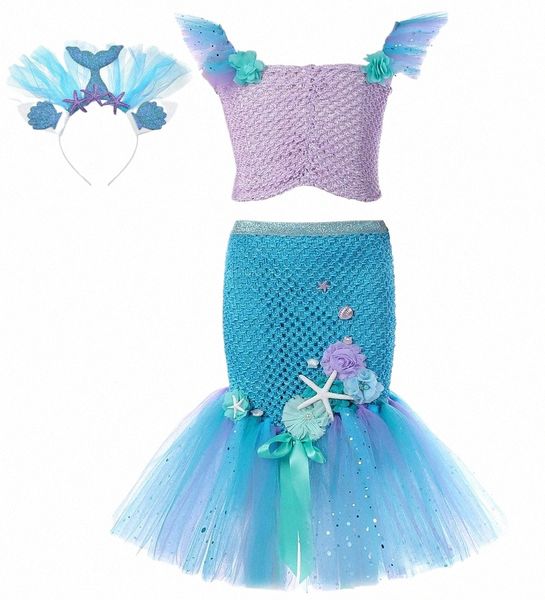 scintillante sirena Princ Dres per neonate Sea-maid Birthday Party Outfit Bambini Halen Costumi Ocean Tromba Tutu r0pA #