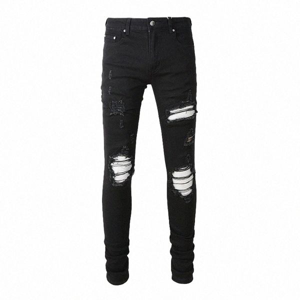 Männer Cracked Sier Leder Patch Biker Jeans Streetwear Skinny Tapered Stretch Denim Hosen Löcher Ripped Patchwork Schwarze Hose m0g7 #