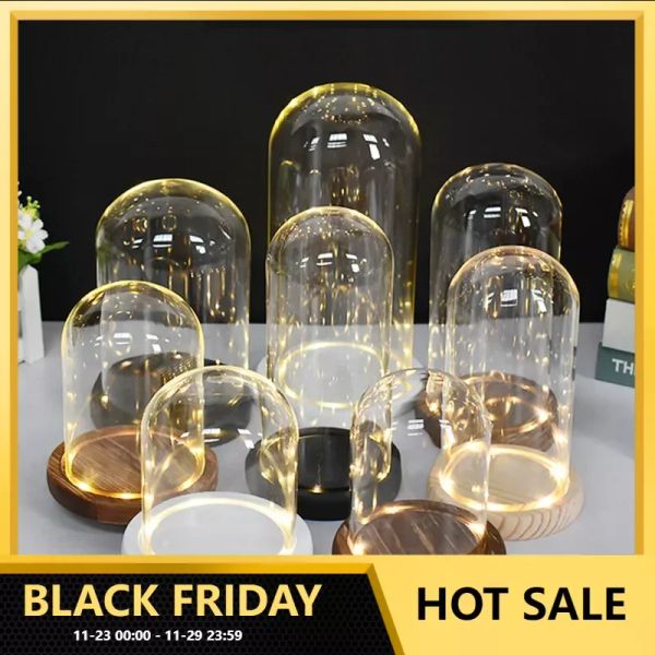 Frascos de vidro com cúpula para velas perfumadas, vidro transparente, sino de vidro com base de madeira, decoração de vários tamanhos para velas