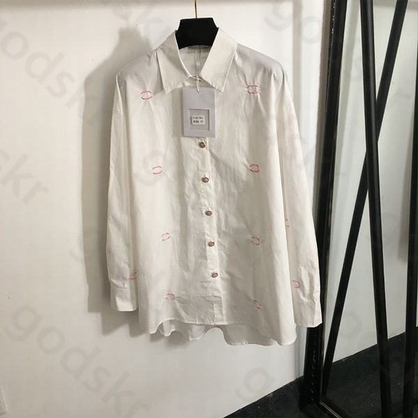 Camicia con risvolto ricamato rosa Camicetta estiva sottile a maniche lunghe da donna Abbigliamento casual largo per la protezione solare