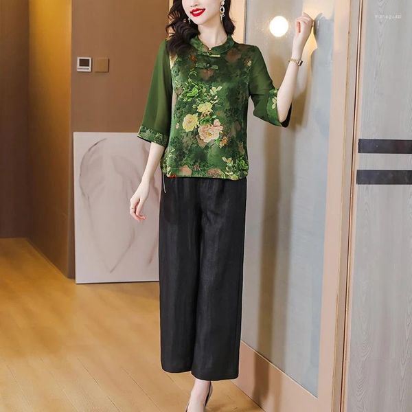Zweiteilige Hosen für Frauen 2024 grüne Seidenblume gedrucktes T-Shirt-Oberteil und Set für lose große Retro-Slim-Weitbein