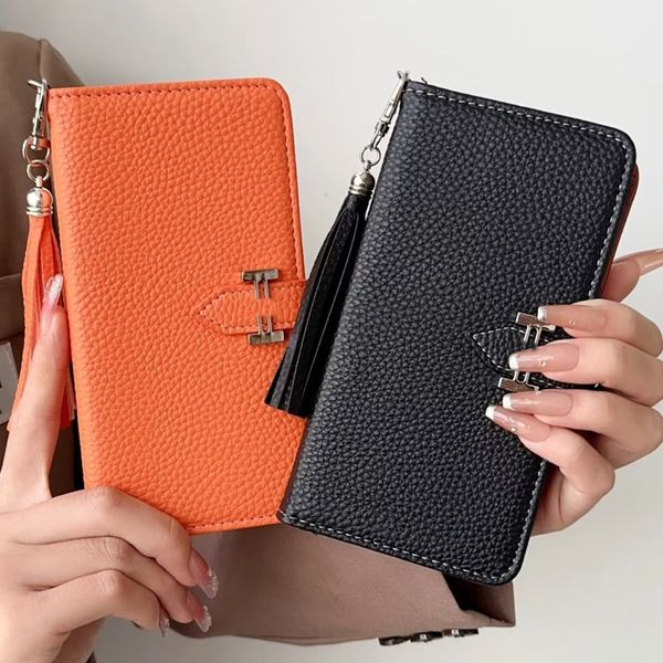 Leder Wallet Flip Phone Case Designer iPhone Hülle für iPhone 15 Pro Max Apple iPhone 14 13 12 11 XS MAX XR 8P Hülle Kartenhalter Mode Orange stoßfeste mobile Abdeckung