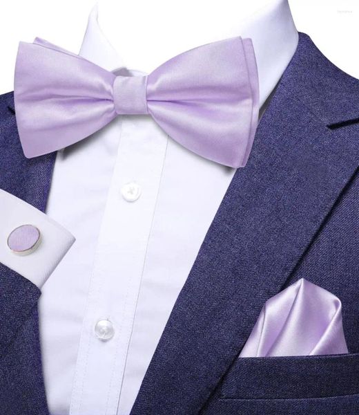 Bow Ties Hi-Tie Katı ışık Mor Kelebek İpek Erkekler Tie Hanky ​​Cufflink Jacquard Önce Bowtie Erkek İş Düğün Partisi