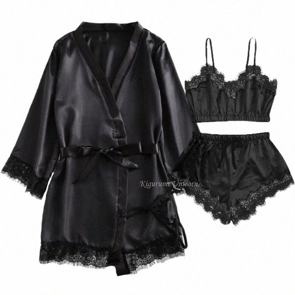 Black Sexy Mulheres Pijamas Cetim 4 peças Lace Silk Suspender Tops Shorts Robe Pijamas Set Nightgown Underwear Nightdr Suit L4fK #