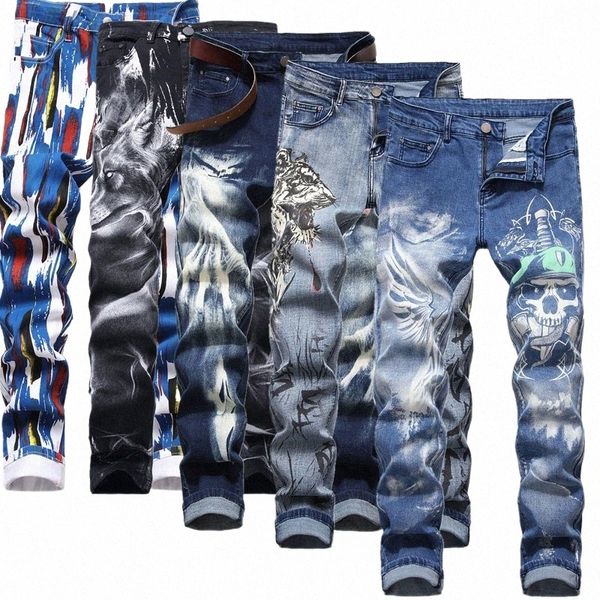 Мужские джинсы больших размеров с 3D цифровым принтом, эластичные джинсовые брюки, синие, черные, белые брюки, мужские брюки Fi, 28-34, 36, 38, 40, 42 E4rY #