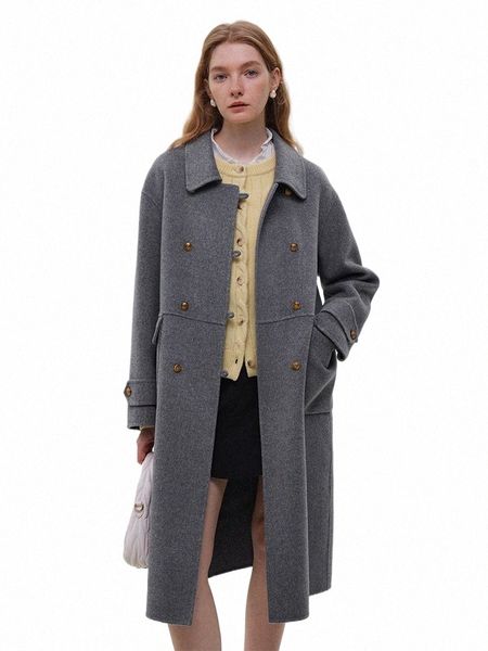 Fsle 100% lã estilo universitário feminino azul marinho lg jaquetas de lã manga comprida design casual inverno novo feminino casacos de lã cinza A9L3 #