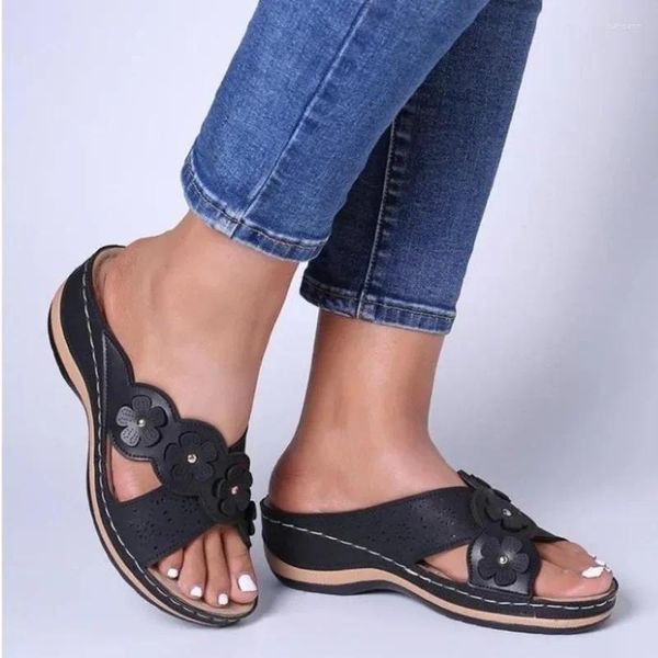 Pantofole Scarpe Per Le Donne 2024 Moda Estate Colore Solido delle Donne Semplici Fiori Tacco Basso Open Toe Zeppa Zapatos Mujeres