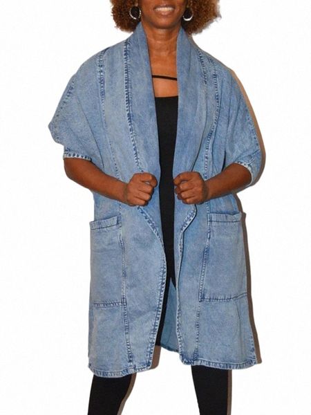 kbq Vintage Denim Giacca a vento per le donne Risvolto Manica corta a vita alta Allentato Casual Temperamento Trench Donna Fi Nuovo D9Yi #