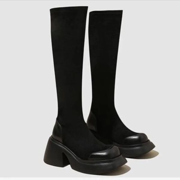 Stivali Black Long Stockings Stivali scarpe da donna Nuovo stile Autunno inverno peluche caldi tacchi spessi stivali chelsea stivali piattaforma quadrati piattaforma