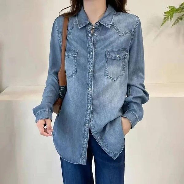 Frauen Blusen Frühling Herbst Koreanische Blau Cowboy Hemd Langarm Einreiher Waschen Denim Mantel Weibliche Jeans Bluse