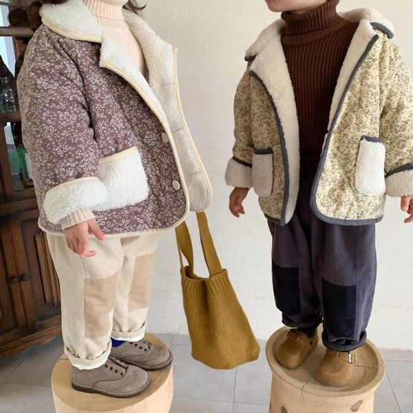 Unten Mantel Koreanischen Stil 2024 Mädchen Jungen Fashion Floral Woolen Dicke Mäntel Kinder Warme Verdicken Kurze Jacken