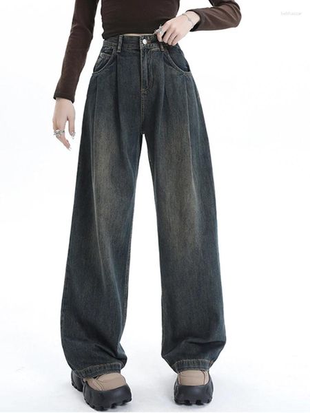 Jeans da donna Pantaloni larghi in denim da donna Pantaloni a gamba larga dritti alla moda coreana comodi a vita alta a pieghe blu