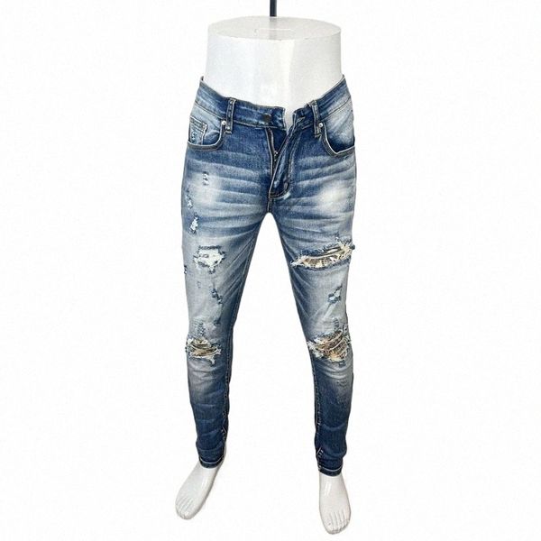 Street Fi Erkek Kot Retro Mavi Elastik Streç İnce Uygun Delek Yırtık Kot Pat Yamalı Tasarımcı Hip Hop Denim Pantolon Hombre F8DZ#