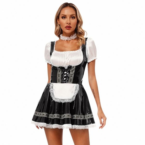 Mulheres alemãs da Baviera Oktoberfest Beer Maid Apr Cosplay Dr Glossy PU Leather Lace Trim A-Line Dr com gargantilha elástica X9ty #