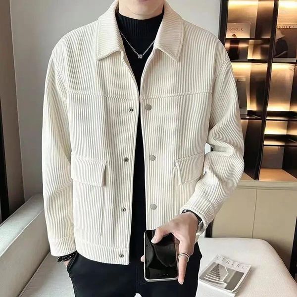 Jaquetas masculinas 2024 primavera e outono moda simples oversized polo bolso manga longa cor sólida premium veludo jaqueta casaco