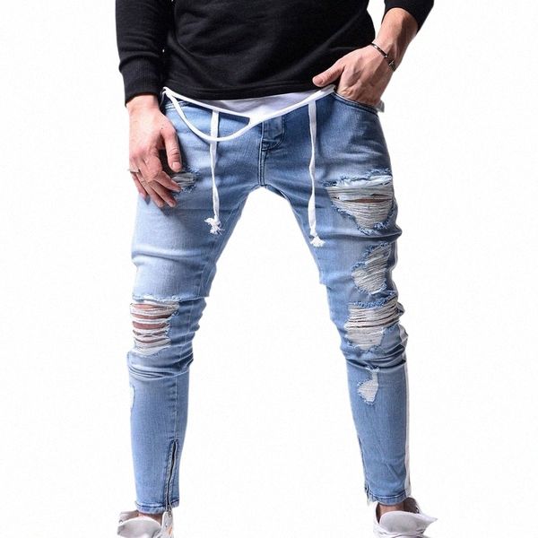 2021mens hip-hop buraco rasgado jeans magro lado listrado calças casuais magro ajuste masculino estiramento motociclista lápis denim calças n832 #