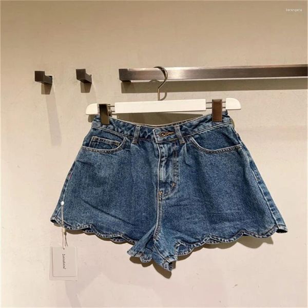 Jeans femininos 2024 primavera/verão fino tubo reto a linha calças casuais onda borda cintura alta velho denim shorts para mulher