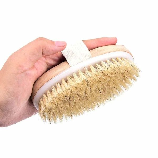 Spazzole da bagno Spugne Scrubber Stock Spazzola da bagno Morbida setola naturale La Spa Pelle secca senza manico Doccia in legno Corpo esfoliante Dh3Y4