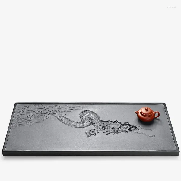 Teegeschirr-Sets, handgefertigtes Teetablett, beschwerter großer Tisch für Kungfu-Set, schwarzer Steindrache, handgeschnitzt, geprägtes Kunstwerk, 80 x 35 x 3 cm