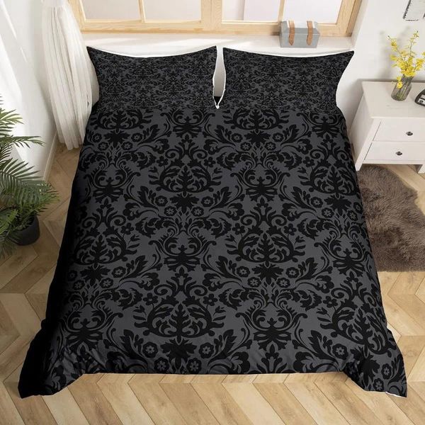 Set di biancheria da letto per adulti damask nero copertina di copertina re antica vittoriana barocca gotica floreale bohémien trapunta esotica