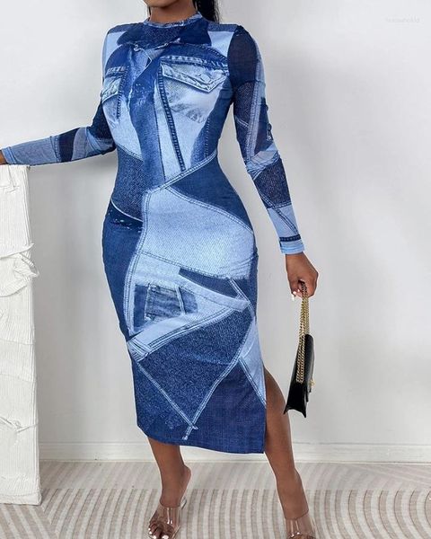 Vestidos casuais mulheres estilo vestido 2024 primavera / verão mais recente em toda a impressão denim olhar o-pescoço magro manga comprida bodycon diário maxi saia