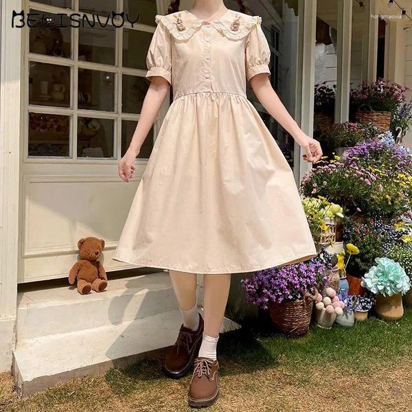 Partykleider Japanische Sommerfrauen Midi Süßes Kleid Spitze Rüschen Matrosenkragen Kawaii Lose Puffärmel Teenager