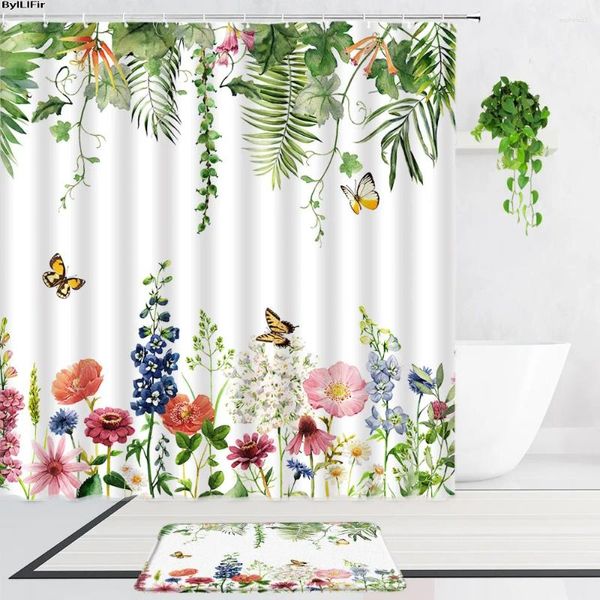 Занавески для душа с цветущими цветами, комплект штор, красочные зеленые листья, бабочки, птицы, весенние украшения для коврика для ванной комнаты