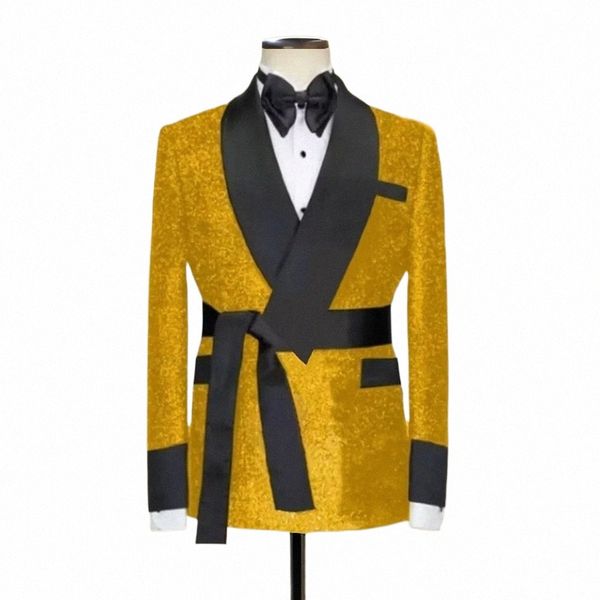 Männer Blazer mit Gürtel Schal Revers Smoking Anzug Jacke 1 Stück Busin Fi Stil Männliche Mantel Neue Ankunft S3vW #