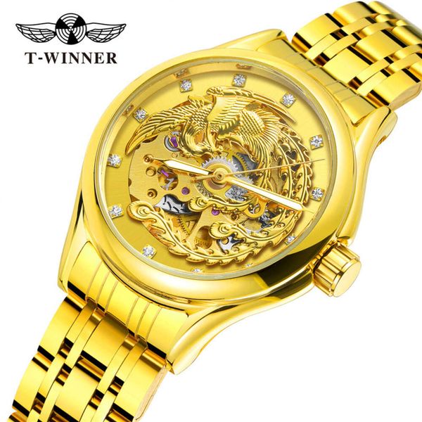 Forsing/Fuxini Kadınların Tam Otomatik Mekanik Phoenix Vermilion Kuş Gold Hollow Saat 8222