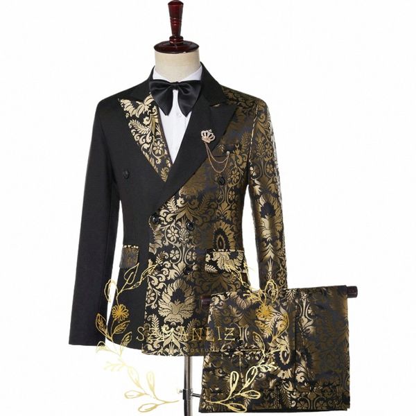 Szmanlizi doppio petto nero oro floreale jacquard slim fit abiti da uomo smoking dello sposo di nozze giacca da festa pantalone terno masculino 08TV #