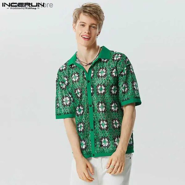 Männer T-Shirts Männer Hemd Druck Spitze Patchwork Durchsichtig Revers Kurzarm Mode Männer Kleidung Sommer 2023 Streetwear Camisas S-5XL24328