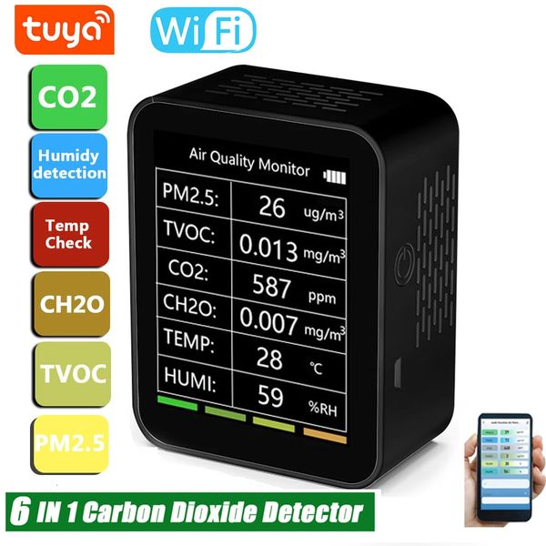 Çok Fonksiyonlu 5in1/6 Arada 1 CO2 Metre Dijital Sıcaklık Nem Test Cihazı Karbon Dioksit TVOC HCHO Detektörü Hava Kalitesi Monitörü 240320