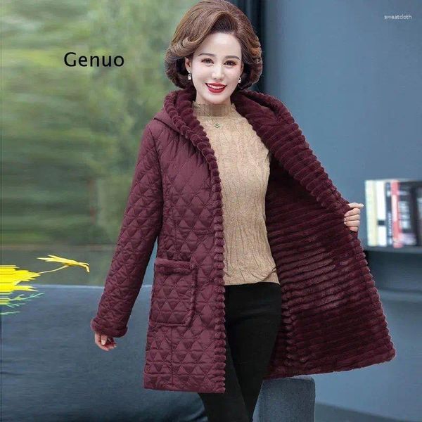 Casacos de trincheira femininos high-end parkas com capuz algodão mulheres jaqueta de meia-idade inverno mais veludo grosso elegante mãe panos outwear