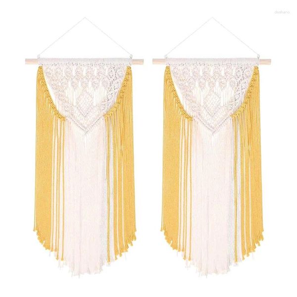 Arazzi YO-2 pezzi appeso a parete arazzo macramè corda di cotone intrecciata decorazione stile bohemien con nappe decorazione domestica d'arte giallo 33 pollici