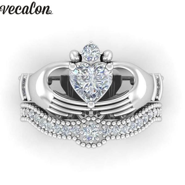 Anéis de casamento Vecalon Amantes de luxo Claddagh Anel 1ct 5A Zircon Cz Branco Ouro Cheio Banda de Noivado Conjunto para Mulheres Men288L