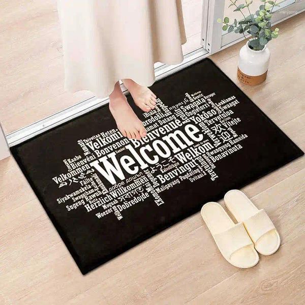 Teppiche Home Decorative Flur Eingangstür Matte Begrüßung Türmat Schwarzer Flanell Stoff gedruckt Anti-Rutsch-Flockenmatten Teppiche