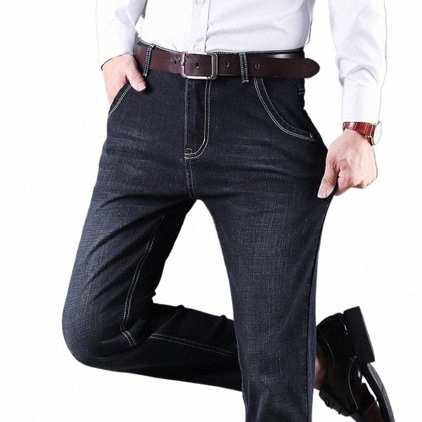 Stretch Straight Denim Jeans para homens em linha reta Casual LG Calças clássicas Fleece Thermal Busin Plus Size N7kg #