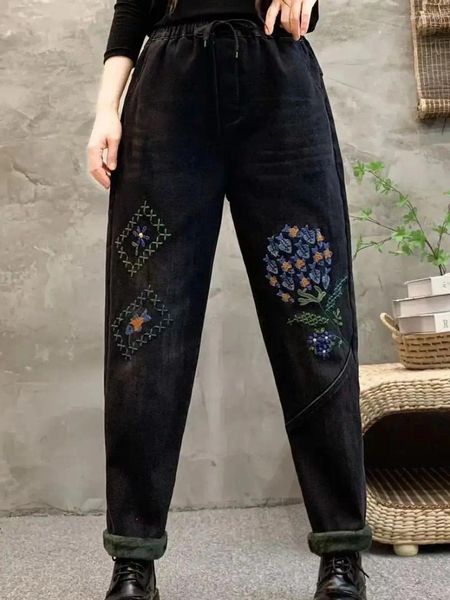 Damen-Jeans, Ethno-Stil, Winter-Denim, Samt und Verdickung, Kordelzug, Haremshose, bestickt, gewaschener Grund, Weiß, hohe Taille