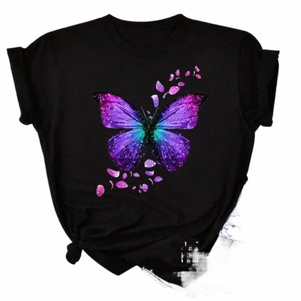 новая женская футболка Fi с красочным принтом лепестков бабочки, короткими рукавами и круглым вырезом, милые футболки с рисунком, женские топы, одежда s5SG #