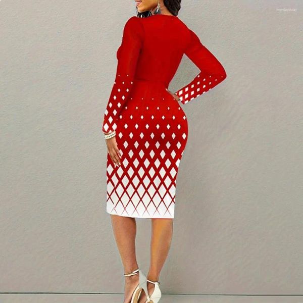 Lässige Kleider V-Ausschnitt Slim Fit Kleid Geometrische Druckhülle mit Metallhaken Dekor V-Ausschnitt Detail Damen hohe Taille für formelle Anlässe