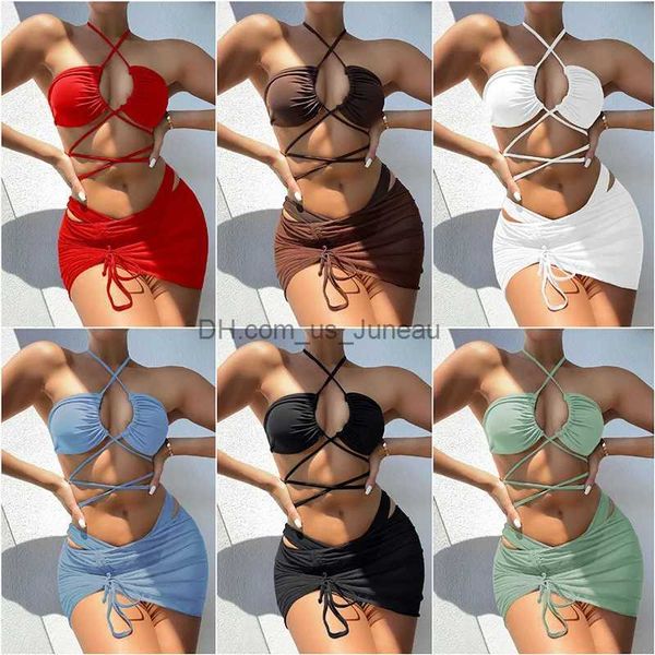 Mulheres Swimwear 2023 Novo 3 Peças Set Swimsuit Mulheres Cintura Alta Swimwear Sexy Lace Up Micro Bikini Set Com Saia Sólida Beachwear Terno de banho T240328