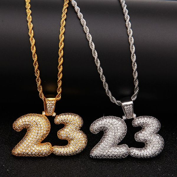 Collana con pendente personalizzato da uomo con lettera a bolle numero 23 Collana con pendente Hip Hop completamente ghiacciato Cubic Zirconia in oro CZ Stone227k