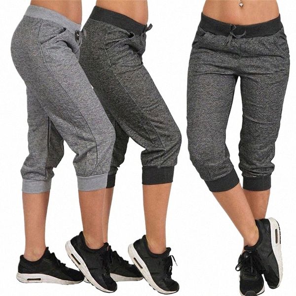 Frauen Sommer Kurze Hosen Jogginghose Capri Hosen Gestellte Jogger Laufhose Lose Beiläufige Kordelzug Taille mit Seitentaschen j2Z5 #