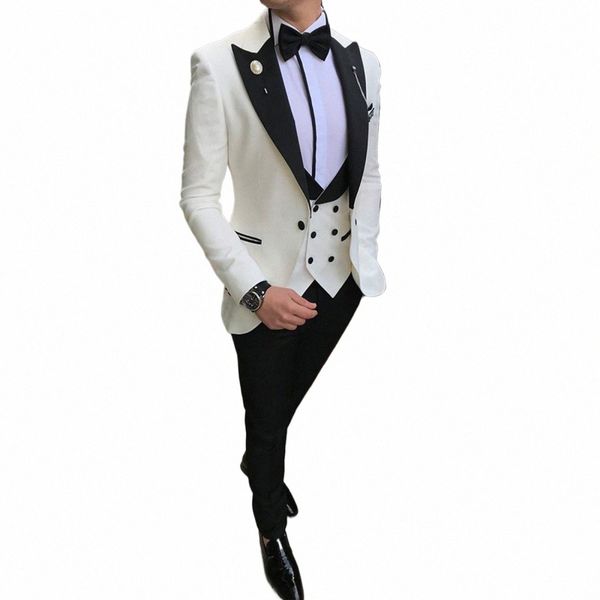 Männer Anzüge 3 Stück Slim Fit Busin Anzüge Bräutigam Champagner Edles Grau Weiß Smoking für formelle Hochzeit Anzug Blazer + Hose + Weste 93XL #