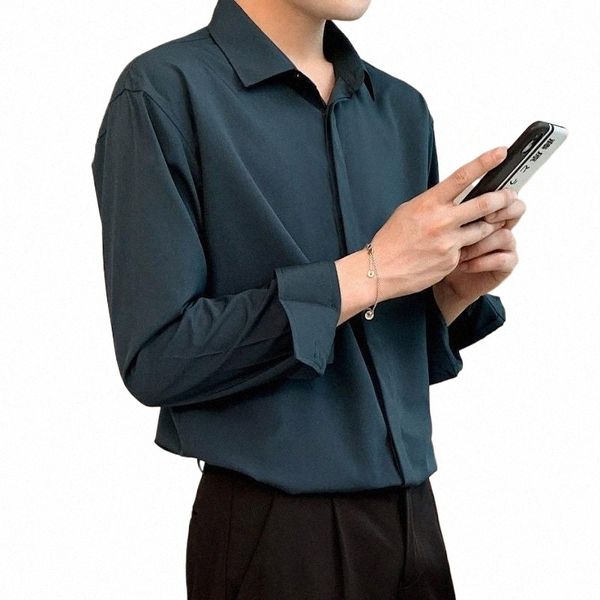 Coreano Fi Nova Drape Camisas para Homens Cor Sólida Lg Manga Ice Silk Smart Casual Confortável Butt Up Shirt f0Bo #
