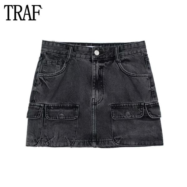 TRAF Denim Cargo Rock Damen Jeans Miniröcke für Damen Knopf Mittlere Taille Damenrock Herbst Basic Kurze Damenröcke 240328